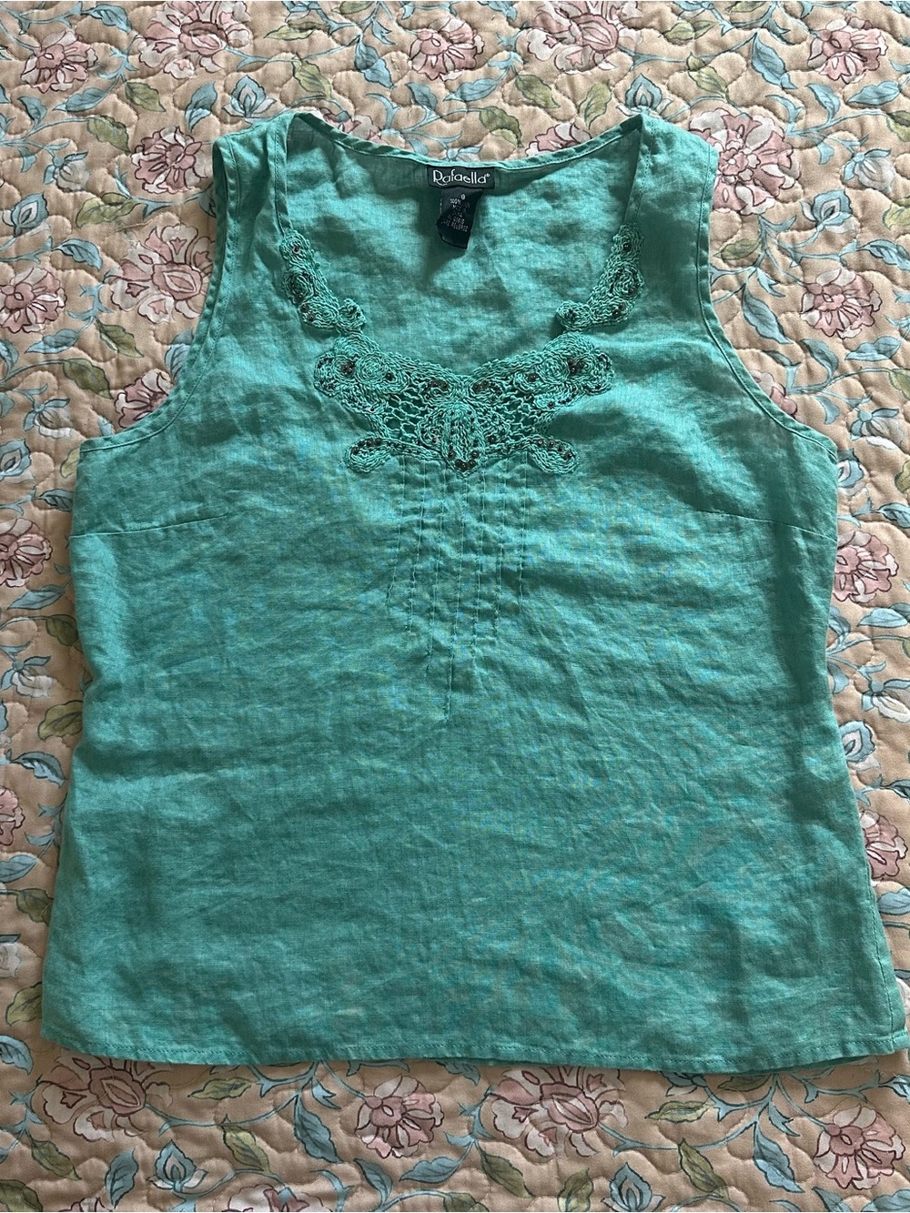 Rafaella Teal Linen Boho Crochet & Sequin Detail Women’s Top
